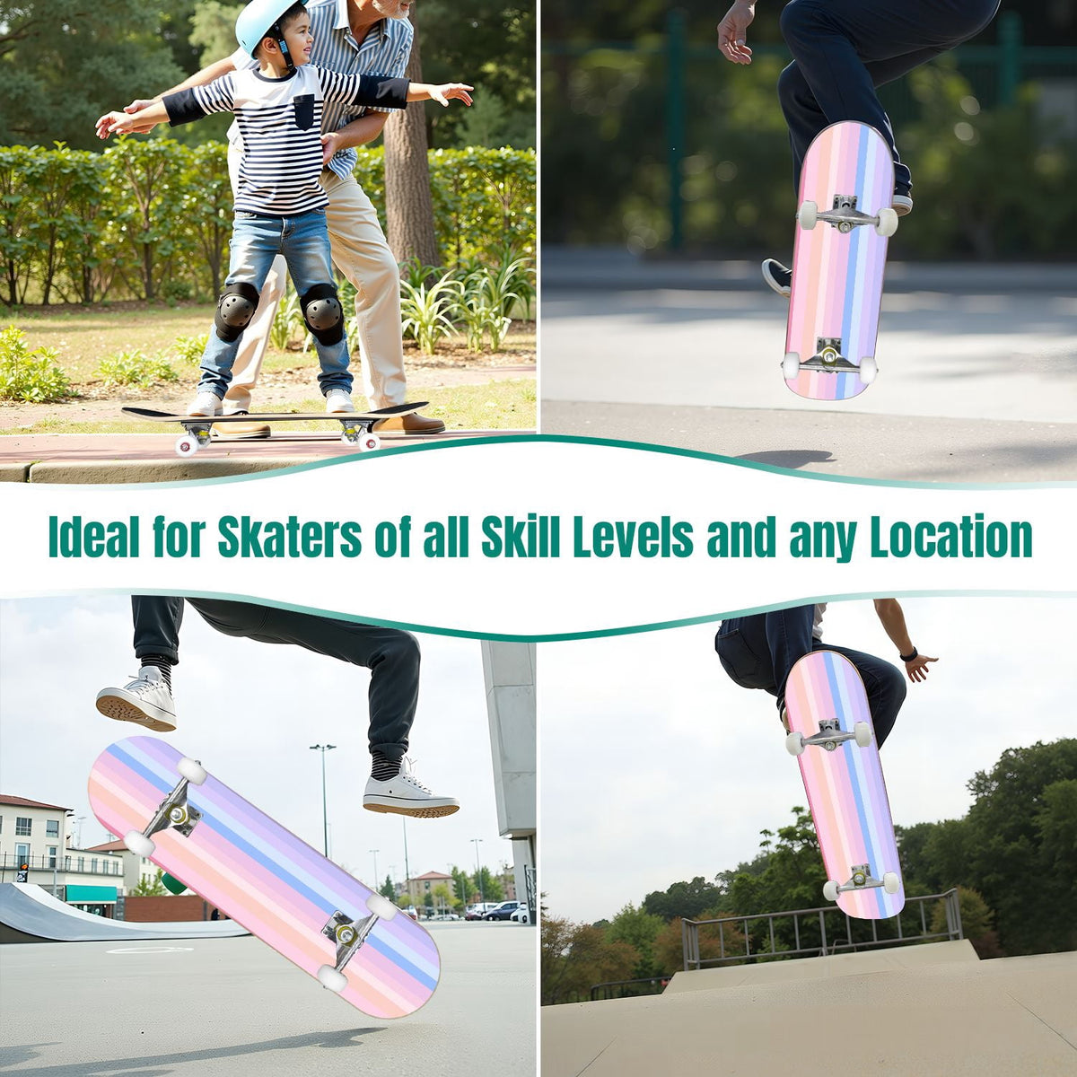 31"x8" Complete Skateboards for Beginners,Vibrant Diagonal Rainbow Gradient Abstract Art Double Kick 7 Ply Canadian Maple Deck Skateboard with Wheels, Gifts for Kids Teens