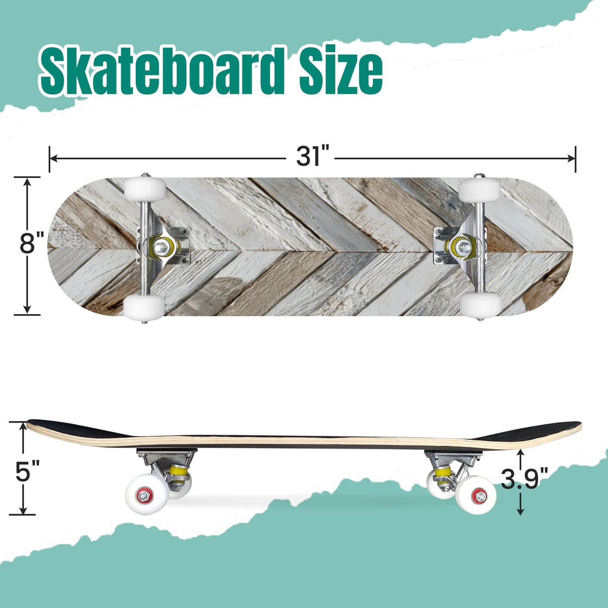 Botanical Birds Lemons Flowers Blue 31" x 8" Complete Skateboard, 7-Ply Canadian Maple Double Kick Trick Board for Kids and Beginners Adult Gifts