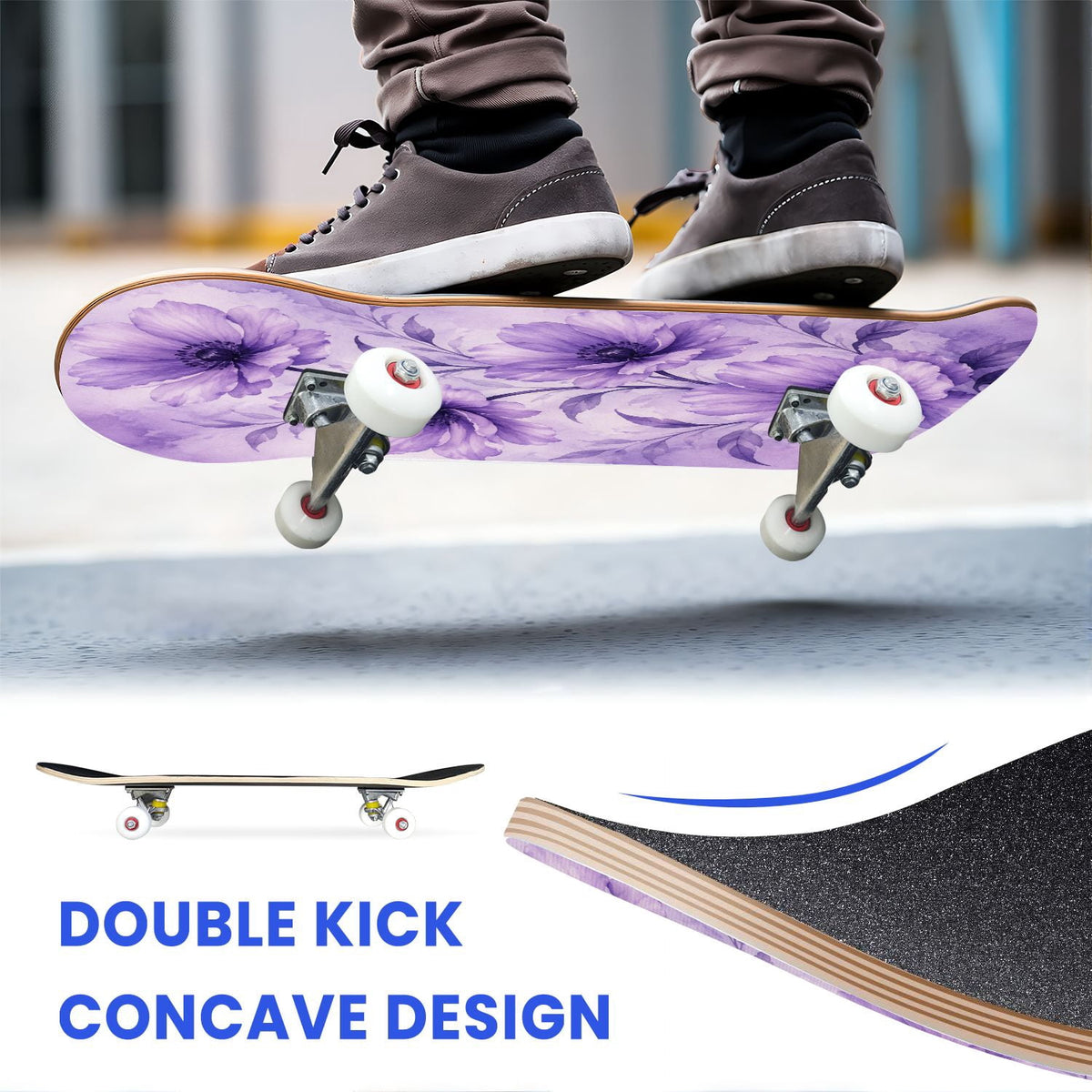 31"x8" Complete Skateboards for Beginners, Colorful Mushroom Floral Magical Night Forest Vintage Double Kick 7 Ply Canadian Maple Deck Skateboard with Wheels, Gifts for Kids Teens