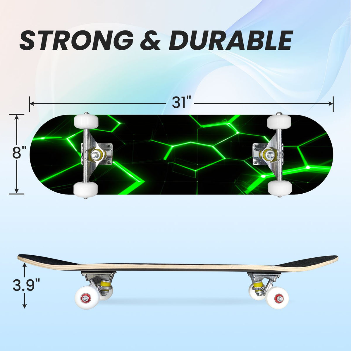 31"x8" Complete Skateboards for Beginners, Honeycomb Futuristic Hexagonal Neon Glowing Orange Light Double Kick 7 Ply Canadian Maple Deck Skateboard with Wheels, Gifts for Kids Teens