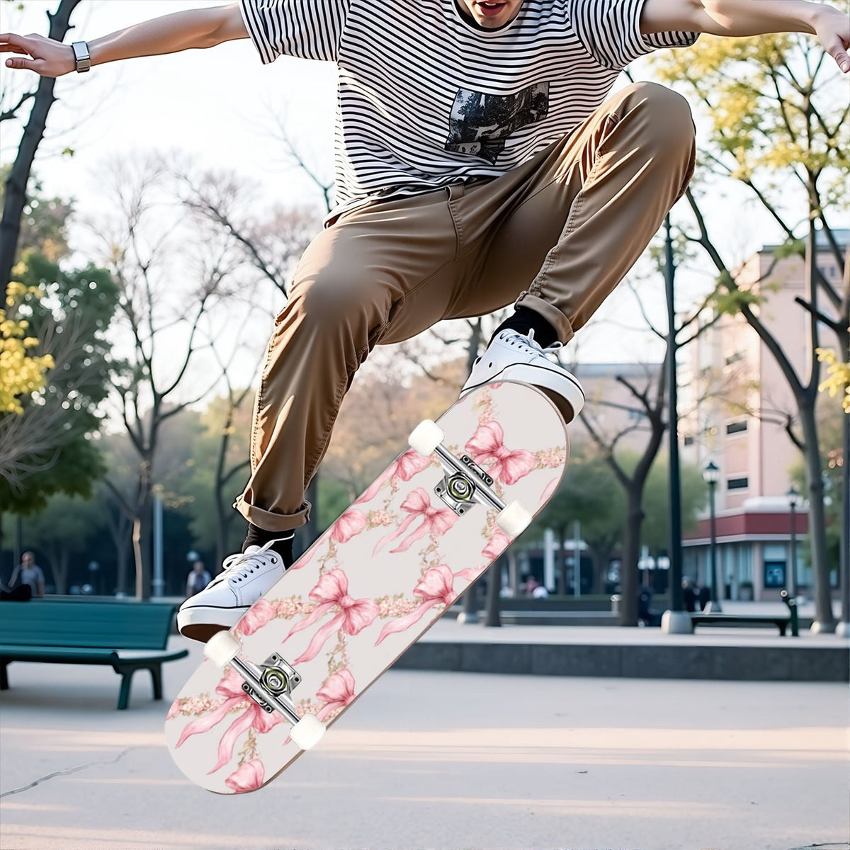 31"x8" Complete Skateboards for Beginners, Soft Blue Cream Striped Design Double Kick 7 Ply Canadian Maple Deck Skateboard with Wheels, Gifts for Kids Teens