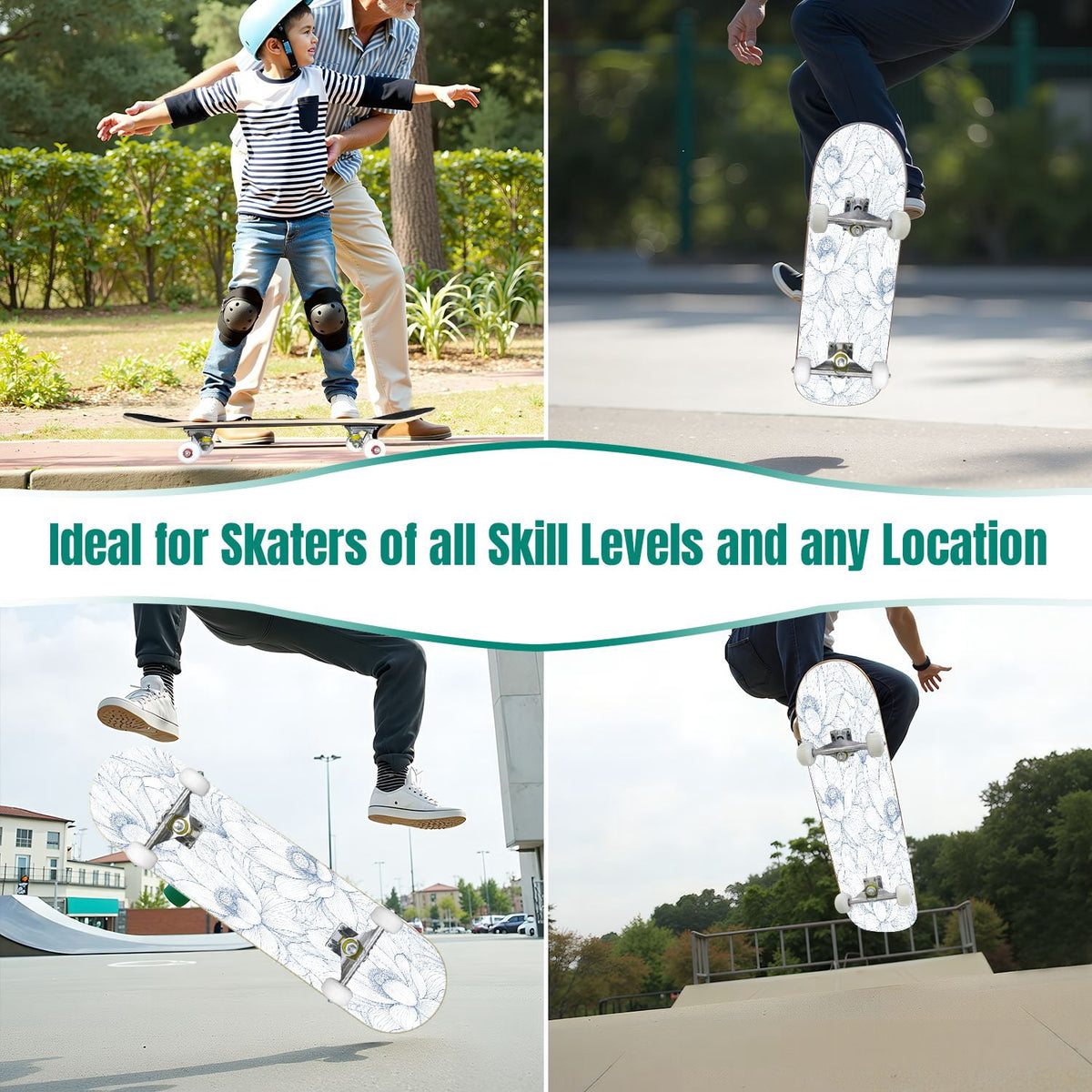 31"x8" Complete Skateboards for Beginners,Blue Botanical Leaf White Double Kick 7 Ply Canadian Maple Deck Skateboard with Wheels, Gifts for Kids Teens