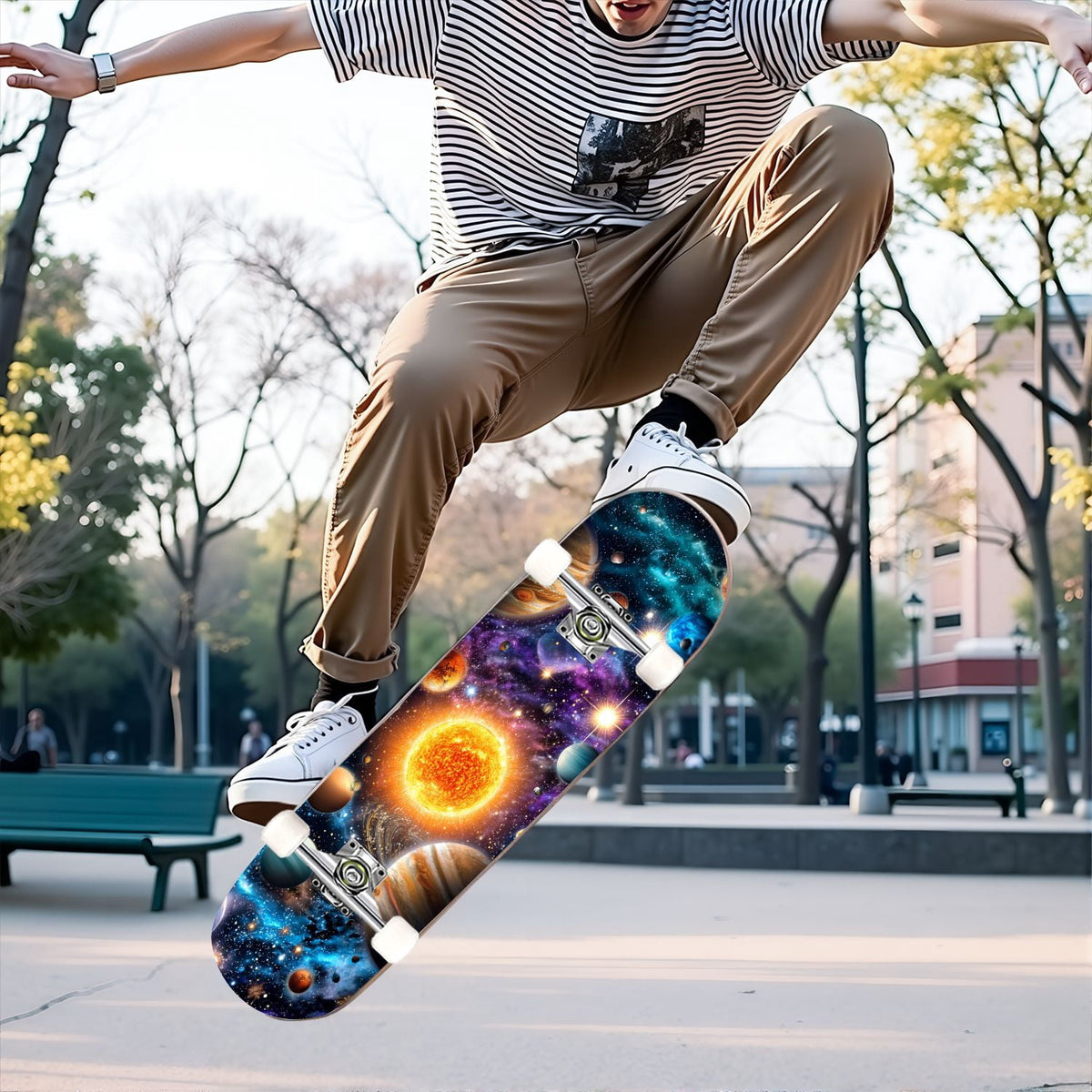 31"x8" Complete Skateboards for Beginners,Geometric Hexagon Glowing Neon Blue Purple Double Kick 7 Ply Canadian Maple Deck Skateboard with Wheels, Gifts for Kids Teens