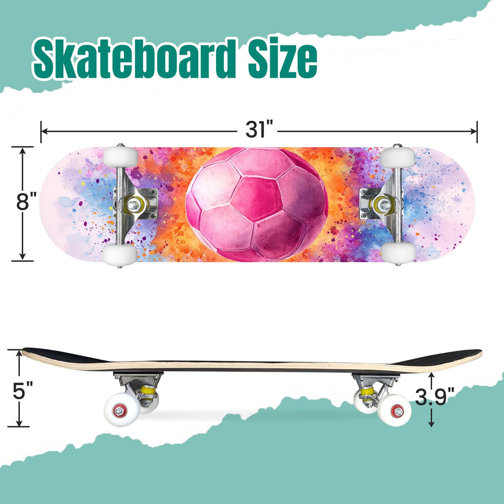 Dynamic Soccer Ball Explosion Energy Effects Stadium 31" x 8" Complete Skateboard, 7-Ply Canadian Maple Double Kick Trick Board for Kids and Beginners Adult Gifts