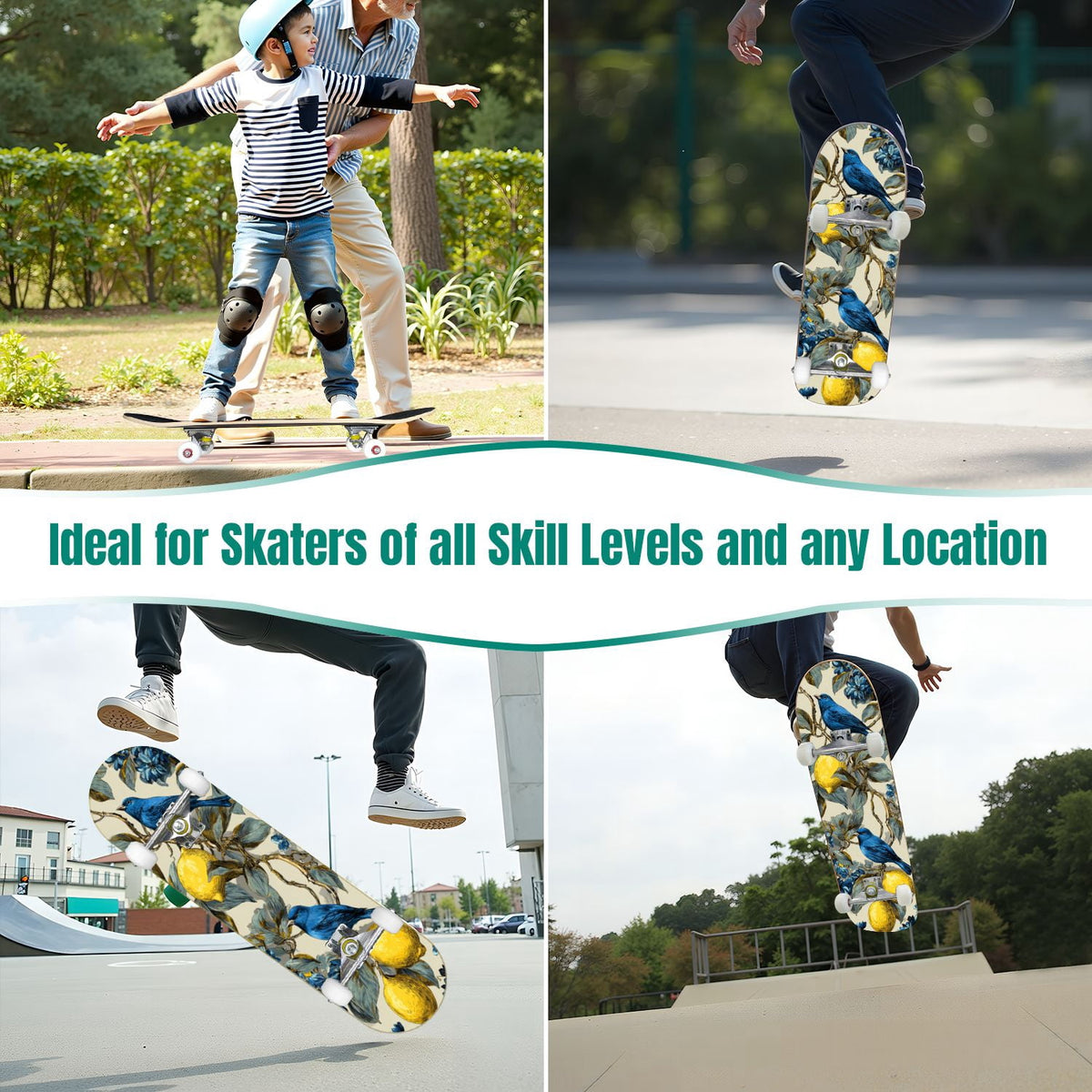 Botanical Birds Lemons Flowers Blue 31" x 8" Complete Skateboard, 7-Ply Canadian Maple Double Kick Trick Board for Kids and Beginners Adult Gifts