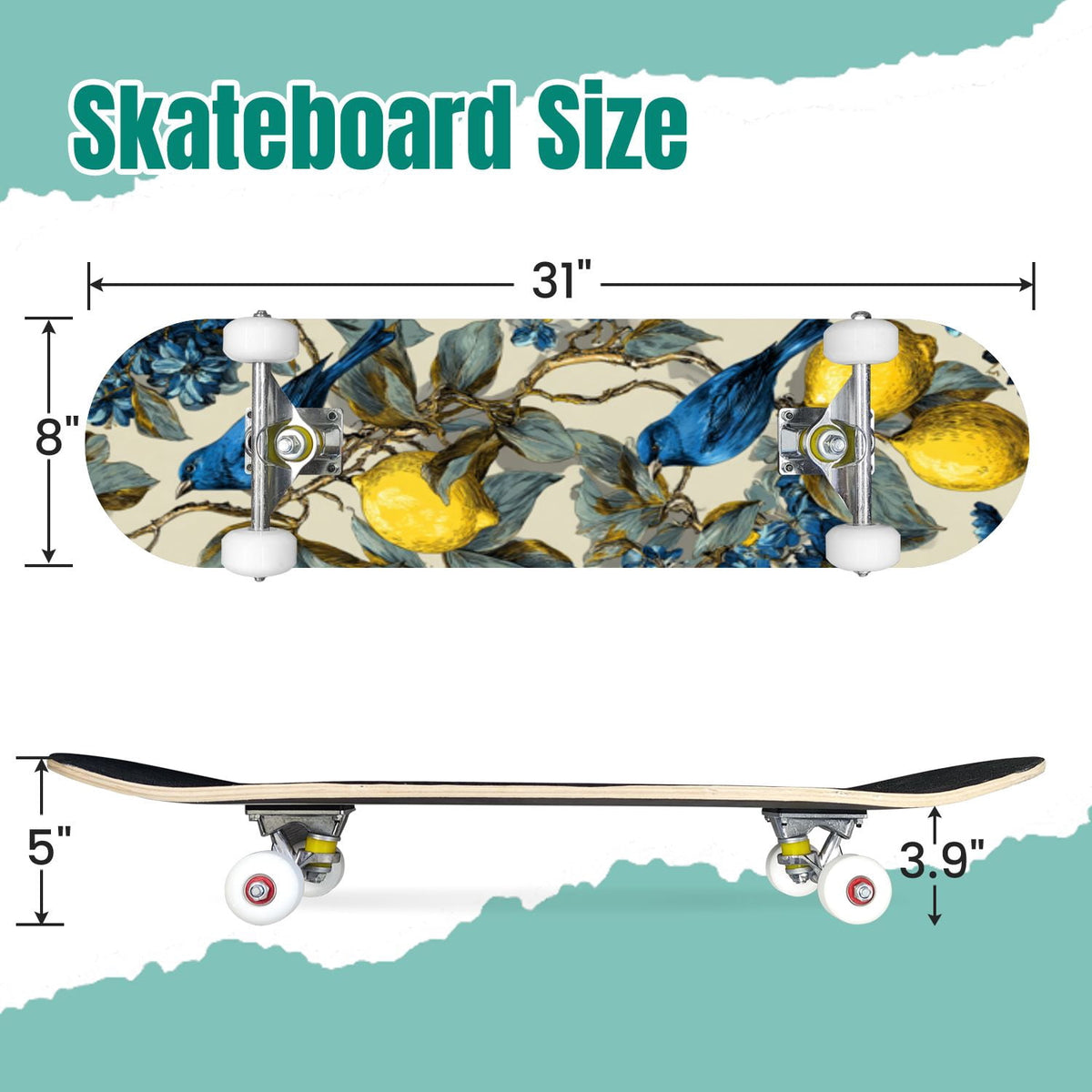 Botanical Birds Lemons Flowers Blue 31" x 8" Complete Skateboard, 7-Ply Canadian Maple Double Kick Trick Board for Kids and Beginners Adult Gifts
