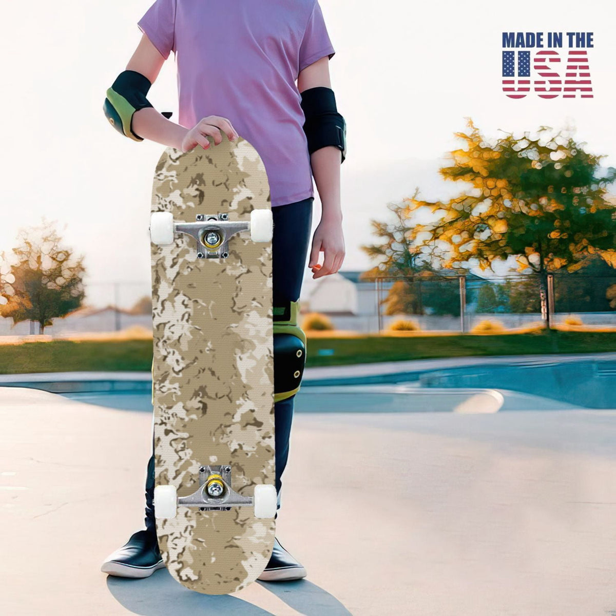 31"x8" Complete Skateboards for Beginners,Desert Camouflage Beige Tan Cream Organic Abstract Shapes Double Kick 7 Ply Canadian Maple Deck Skateboard with Wheels, Gifts for Kids Teens