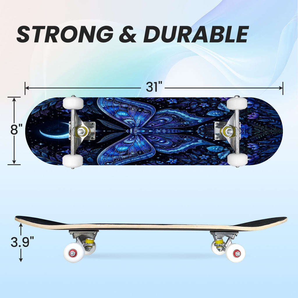 31"x8" Complete Skateboards for Beginners, Colorful Butterfly Blooming Flowers Under Full Moon Starry Double Kick 7 Ply Canadian Maple Deck Skateboard with Wheels, Gifts for Kids Teens