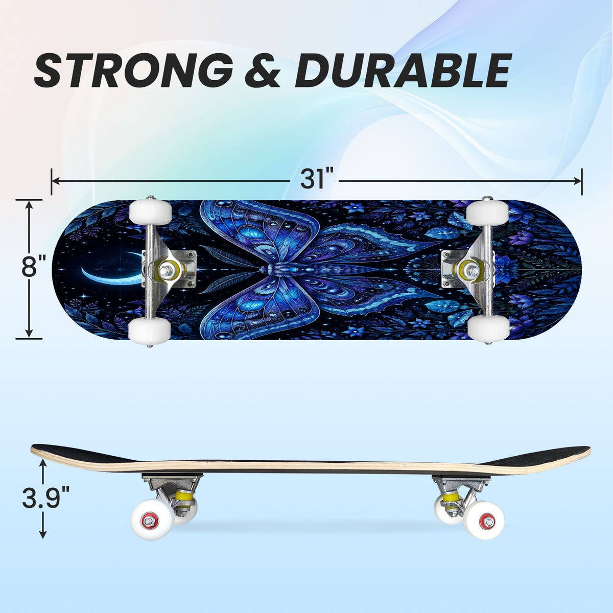 31"x8" Complete Skateboards for Beginners, Colorful Butterfly Blooming Flowers Under Full Moon Starry Double Kick 7 Ply Canadian Maple Deck Skateboard with Wheels, Gifts for Kids Teens