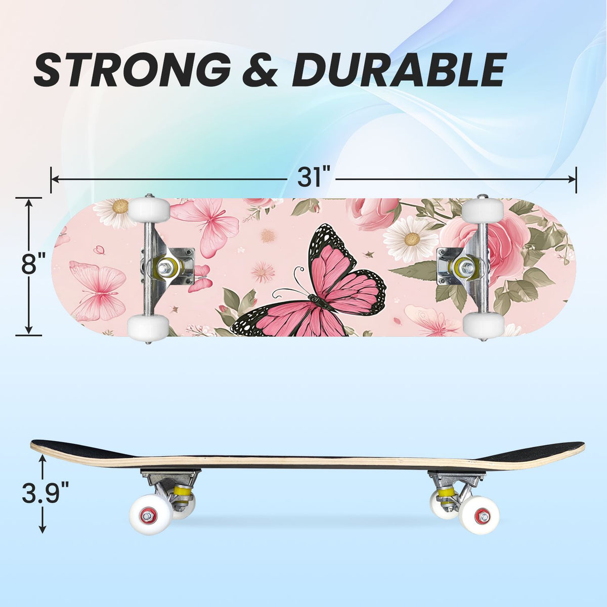 31"x8" Complete Skateboards for Beginners, Elegant Floral Pink Roses Blue Butterflies Double Kick 7 Ply Canadian Maple Deck Skateboard with Wheels, Gifts for Kids Teens