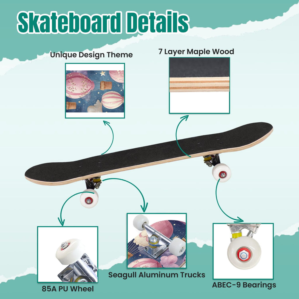 Pink Marble Fluid Abstract Design 31" x 8" Complete Skateboard, 7-Ply Canadian Maple Double Kick Trick Board for Kids and Beginners Adult Gifts