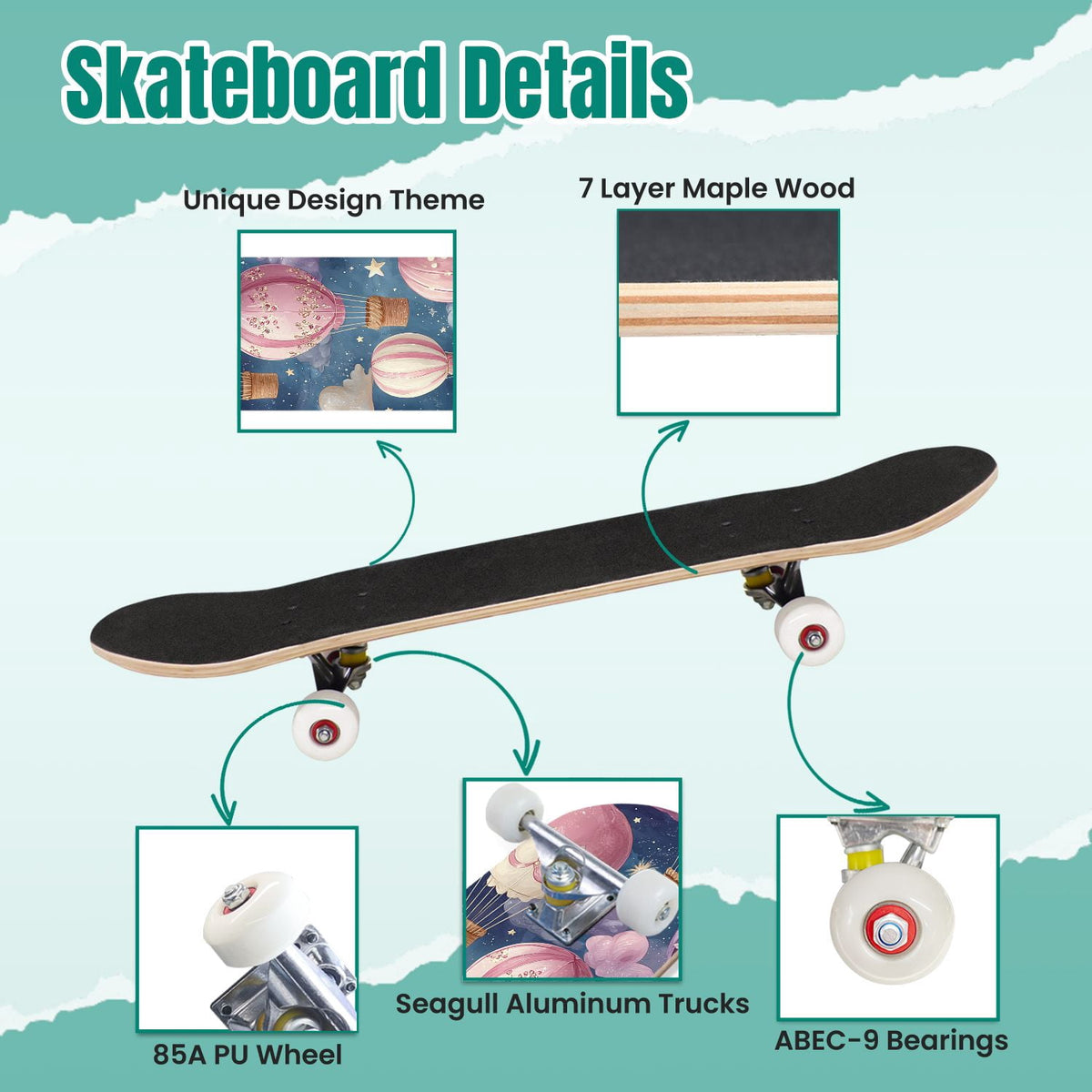 Pink Marble Fluid Abstract Design 31" x 8" Complete Skateboard, 7-Ply Canadian Maple Double Kick Trick Board for Kids and Beginners Adult Gifts