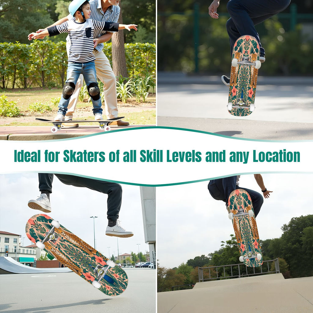 Rose Teal Rose Painting Turquoise Blue Flower Kitchen Decor 31" x 8" Complete Skateboard, 7-Ply Canadian Maple Double Kick Trick Board for Kids and Beginners Adult Gifts