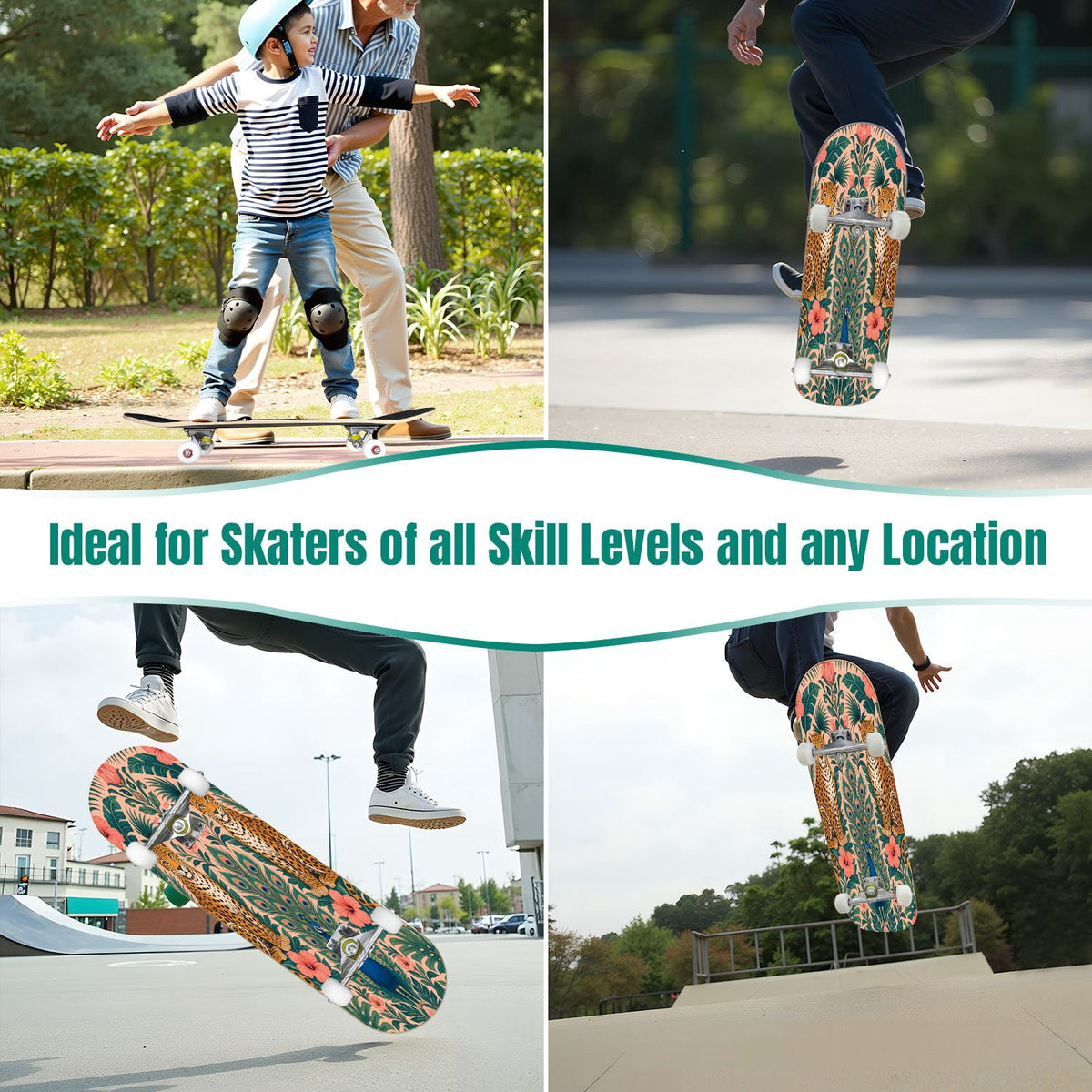 Rose Teal Rose Painting Turquoise Blue Flower Kitchen Decor 31" x 8" Complete Skateboard, 7-Ply Canadian Maple Double Kick Trick Board for Kids and Beginners Adult Gifts