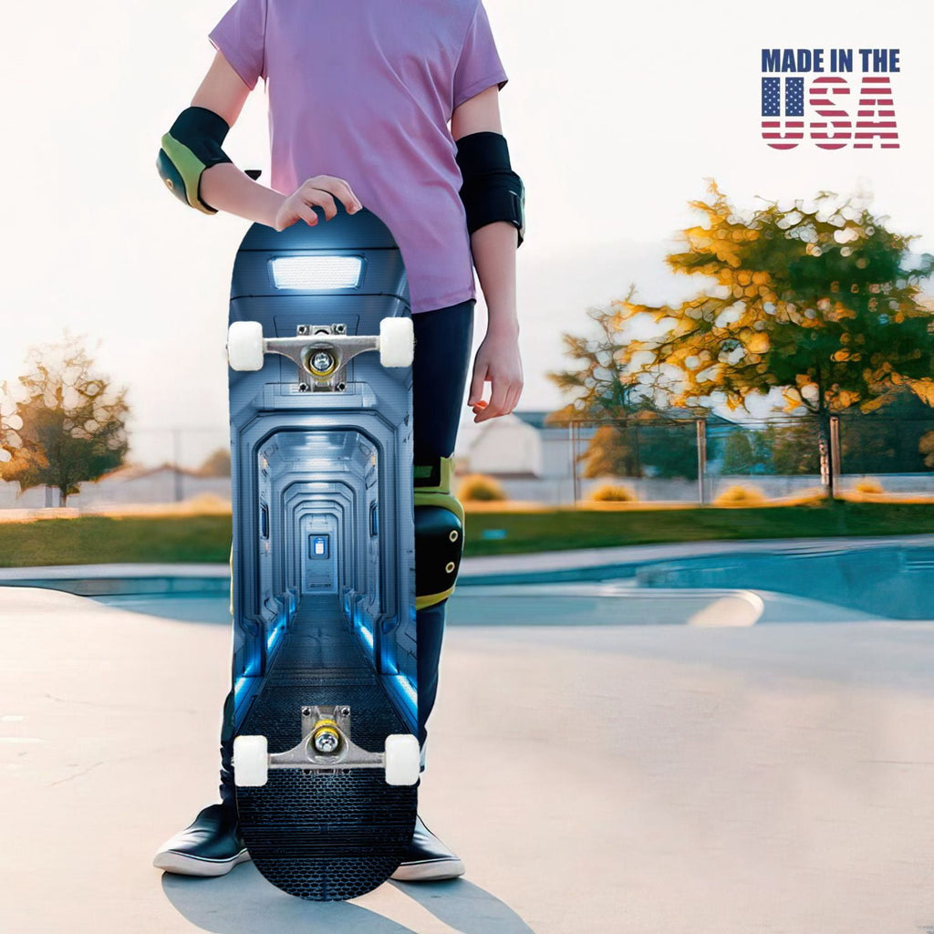 31"x8" Complete Skateboards for Beginners,Hexagon neon blue glow futuristic Double Kick 7 Ply Canadian Maple Deck Skateboard with Wheels, Gifts for Kids Teens