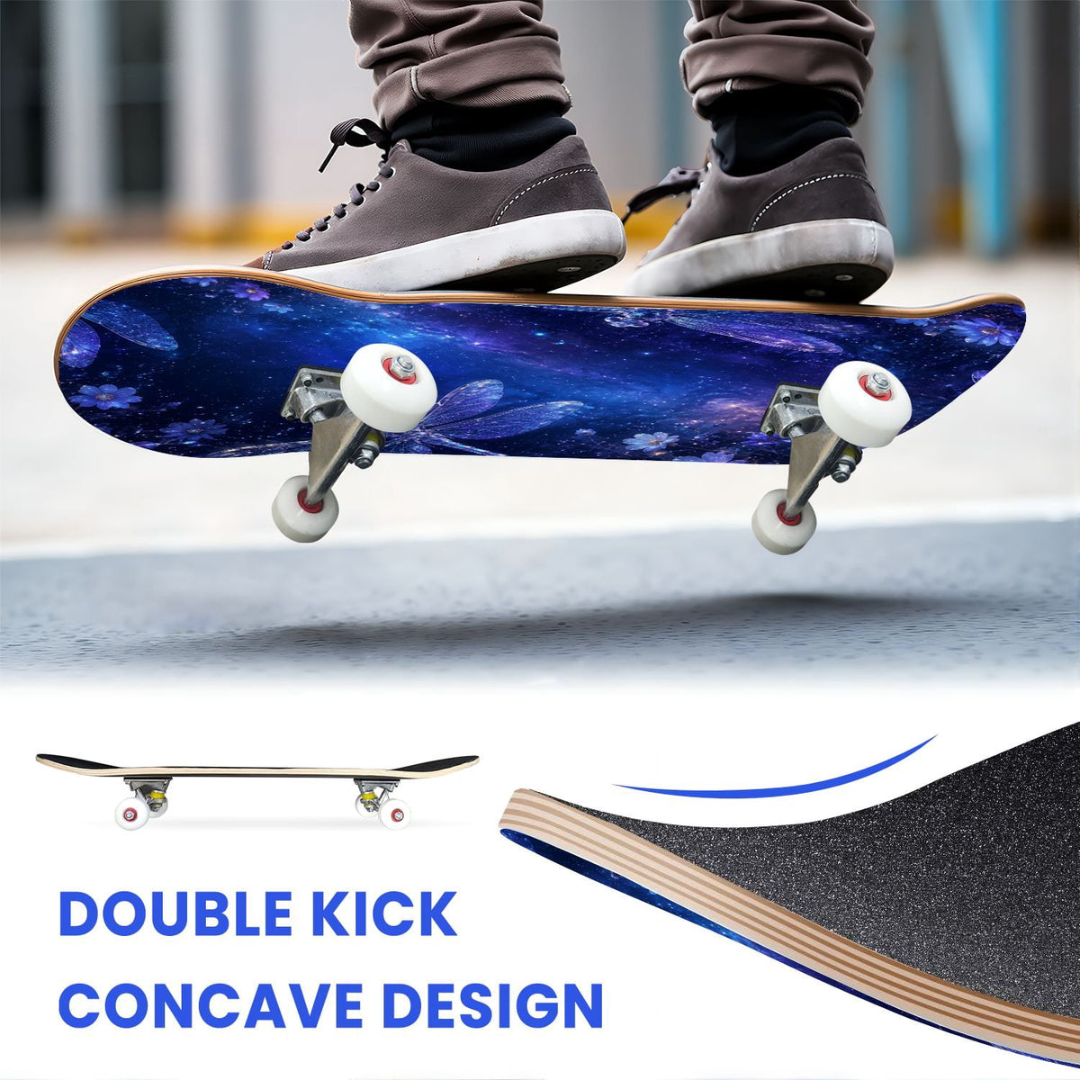 31"x8" Complete Skateboards for Beginners, Blue Moth Moonlight Flowers Mushrooms Forest Double Kick 7 Ply Canadian Maple Deck Skateboard with Wheels, Gifts for Kids Teens