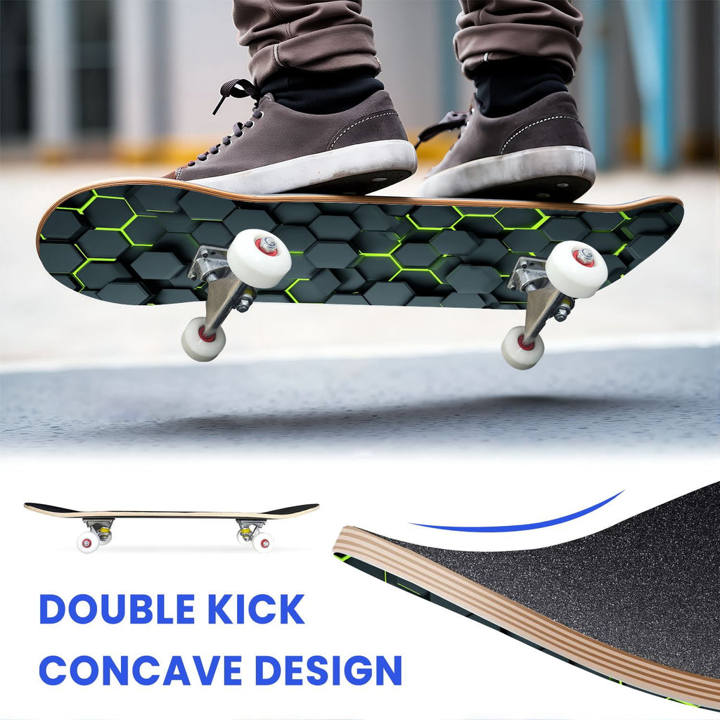 31"x8" Complete Skateboards for Beginners,Black Hexagon Honeycomb Glowing Blue Accents Double Kick 7 Ply Canadian Maple Deck Skateboard with Wheels, Gifts for Kids Teens