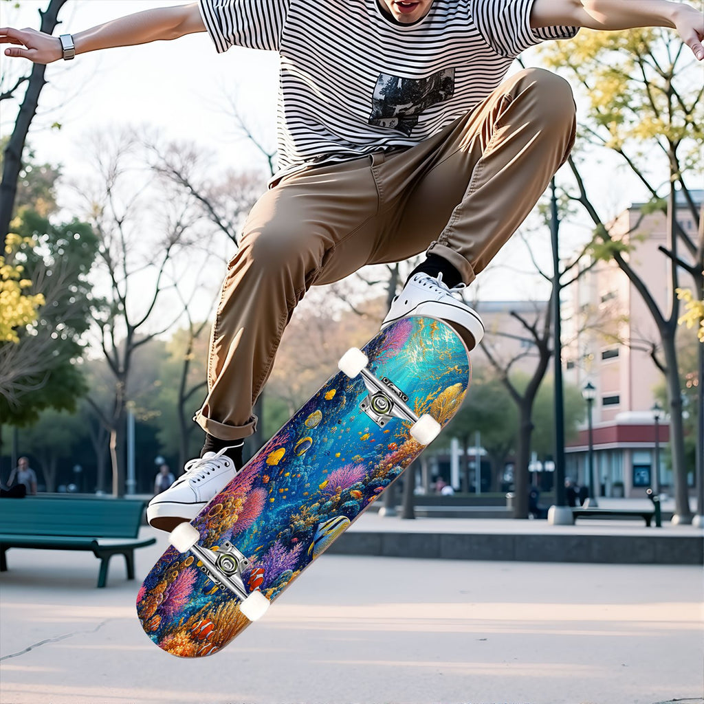 31"x8" Complete Skateboards for Beginners, Colorful Turtle Floral Shell Starry Night Marine Life Double Kick 7 Ply Canadian Maple Deck Skateboard with Wheels, Gifts for Kids Teens