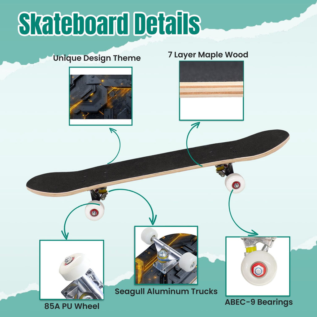 Futuristic Glowing Orange Neon Lines Dark Metallic Panels 31" x 8" Complete Skateboard, 7-Ply Canadian Maple Double Kick Trick Board for Kids and Beginners Adult Gifts