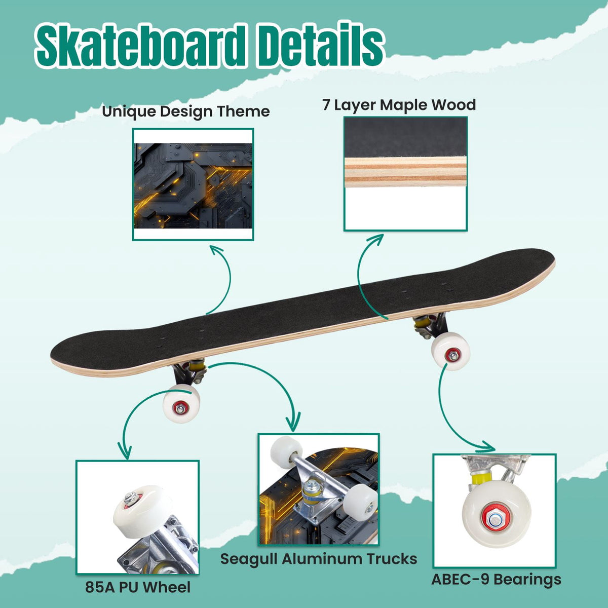 Futuristic Glowing Orange Neon Lines Dark Metallic Panels 31" x 8" Complete Skateboard, 7-Ply Canadian Maple Double Kick Trick Board for Kids and Beginners Adult Gifts