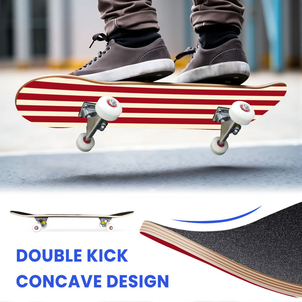 31"x8" Complete Skateboards for Beginners, Red White Vertical Striped Retro Circus Double Kick 7 Ply Canadian Maple Deck Skateboard with Wheels, Gifts for Kids Teens