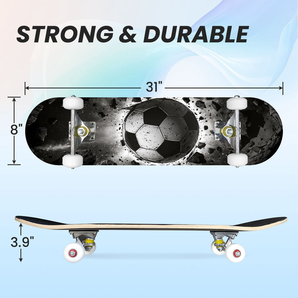 31"x8" Complete Skateboards for Beginners,Orange Basketball Hoop Blue Sky Clouds Double Kick 7 Ply Canadian Maple Deck Skateboard with Wheels, Gifts for Kids Teens
