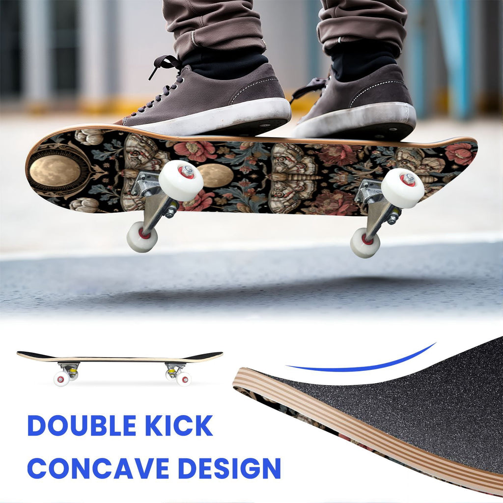 31"x8" Complete Skateboards for Beginners,Whimsical Moths Flowers Pastel Colors Stars Moon Mystical Double Kick 7 Ply Canadian Maple Deck Skateboard with Wheels, Gifts for Kids Teens