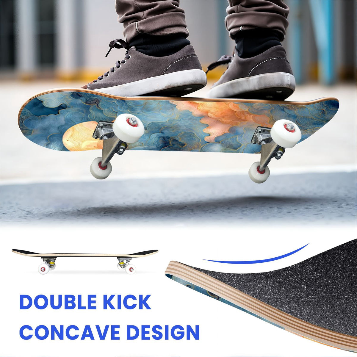 31"x8" Complete Skateboards for Beginners, Cute Light Blue Sky Cartoon Summer Decor Double Kick 7 Ply Canadian Maple Deck Skateboard with Wheels, Gifts for Kids Teens
