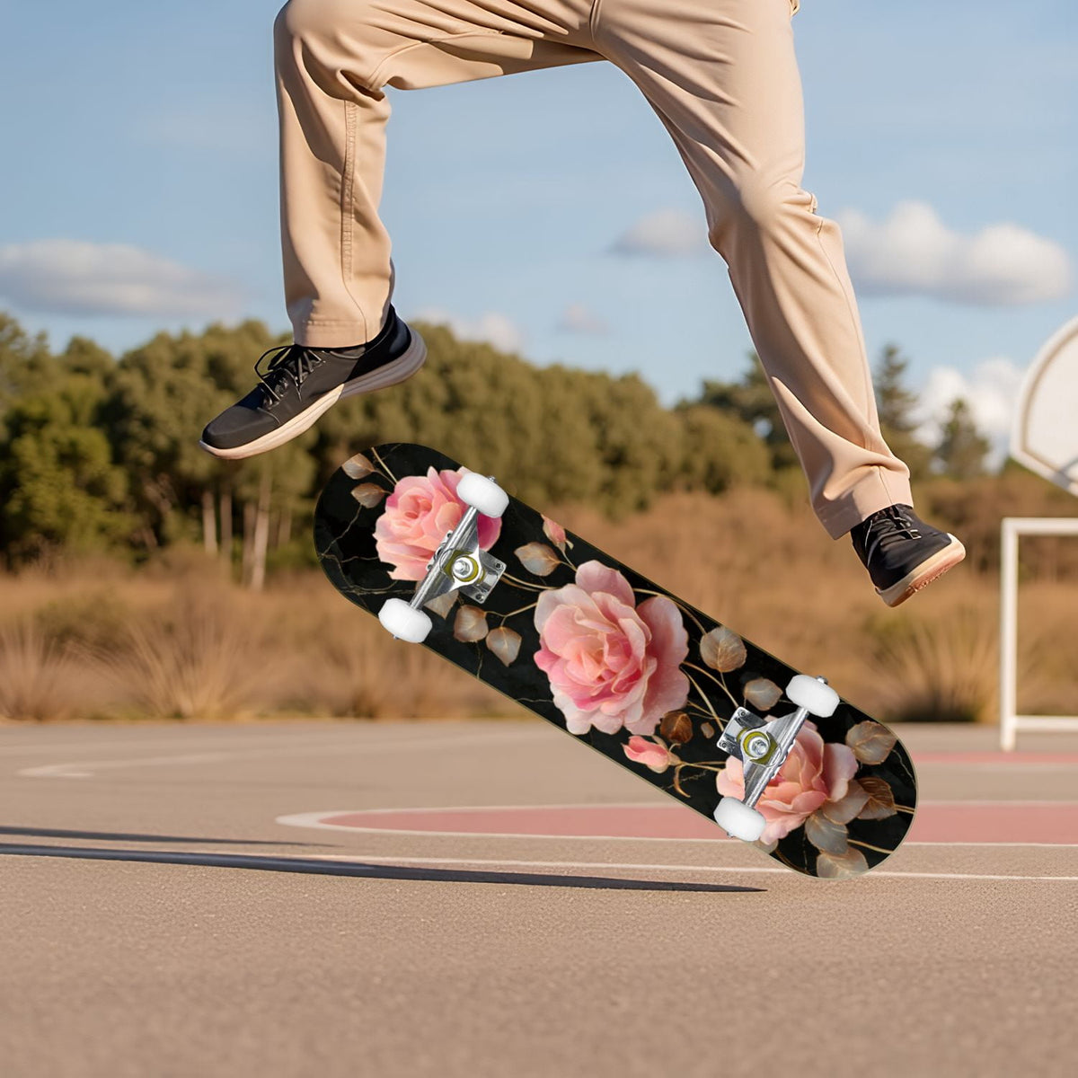 Dark Floral Wildflower Pink Yellow Blue Blooms 31" x 8" Complete Skateboard, 7-Ply Canadian Maple Double Kick Trick Board for Kids and Beginners Adult Gifts