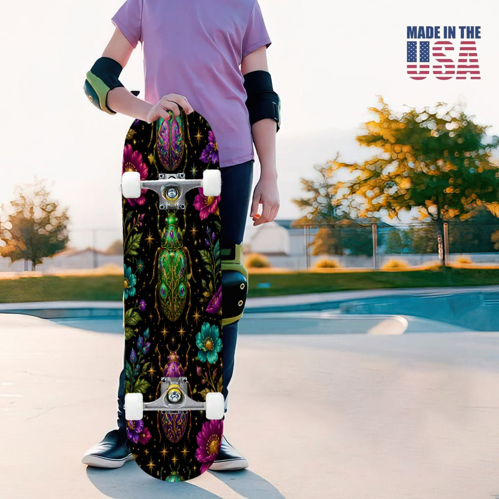 31"x8" Complete Skateboards for Beginners, Colorful Mushroom Floral Magical Night Forest Vintage Double Kick 7 Ply Canadian Maple Deck Skateboard with Wheels, Gifts for Kids Teens