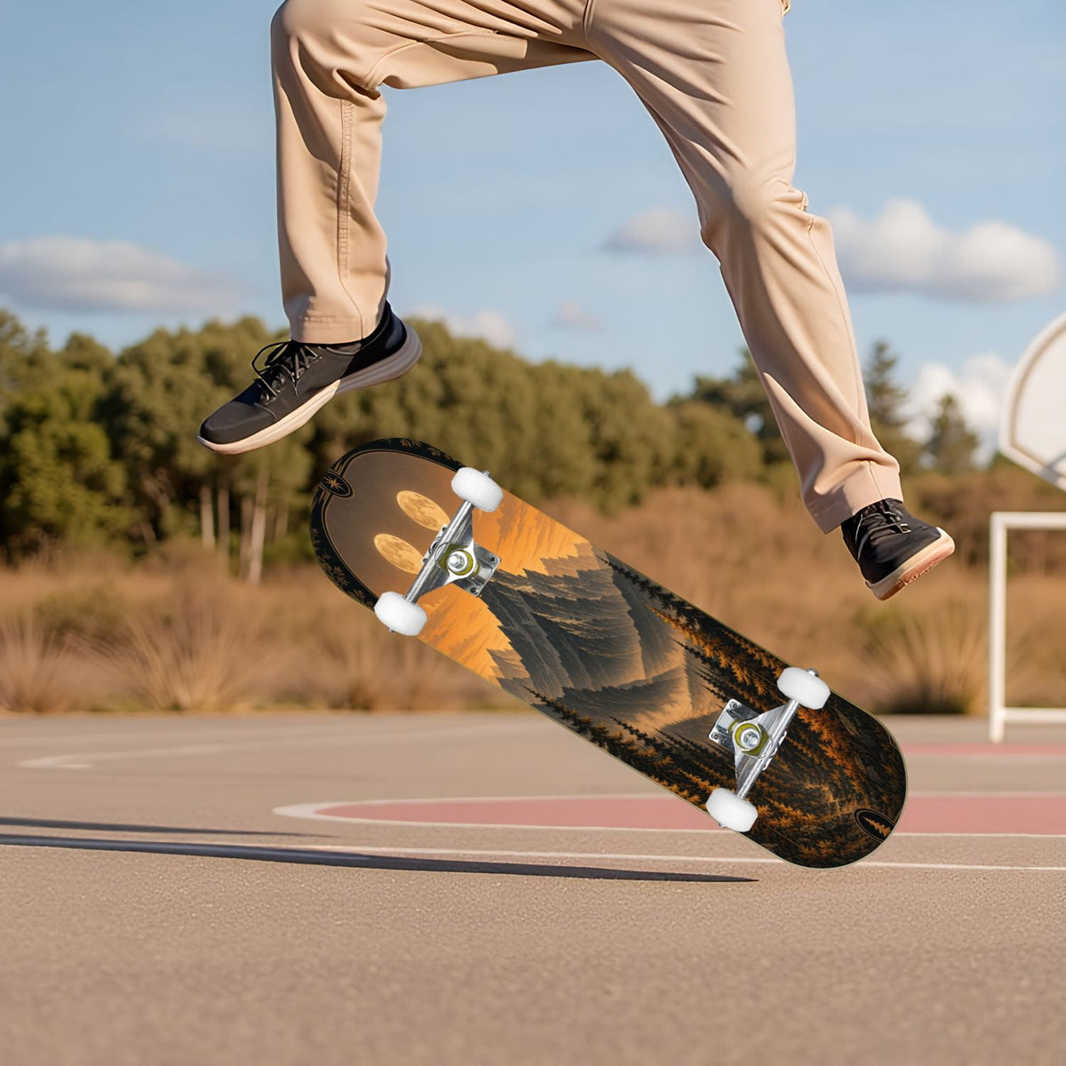 Forest Tree Wood Green Pine Trees Autumn Leaves Fog Misty 31" x 8" Complete Skateboard, 7-Ply Canadian Maple Double Kick Trick Board for Kids and Beginners Adult Gifts
