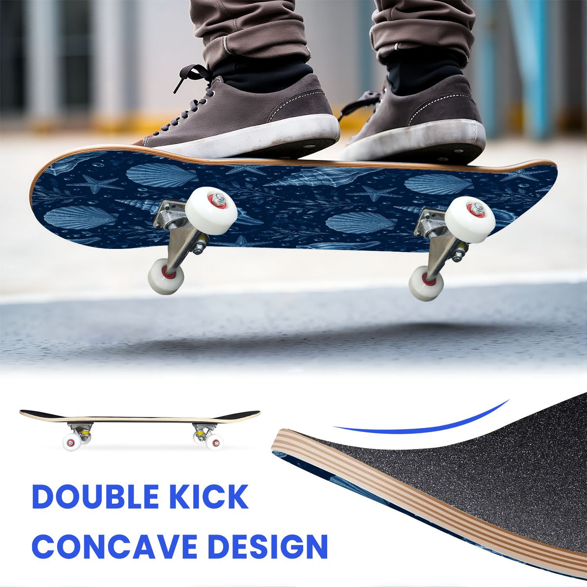 31"x8" Complete Skateboards for Beginners, Seashell Starfish Blue White Nautical Marine Life Double Kick 7 Ply Canadian Maple Deck Skateboard with Wheels, Gifts for Kids Teens