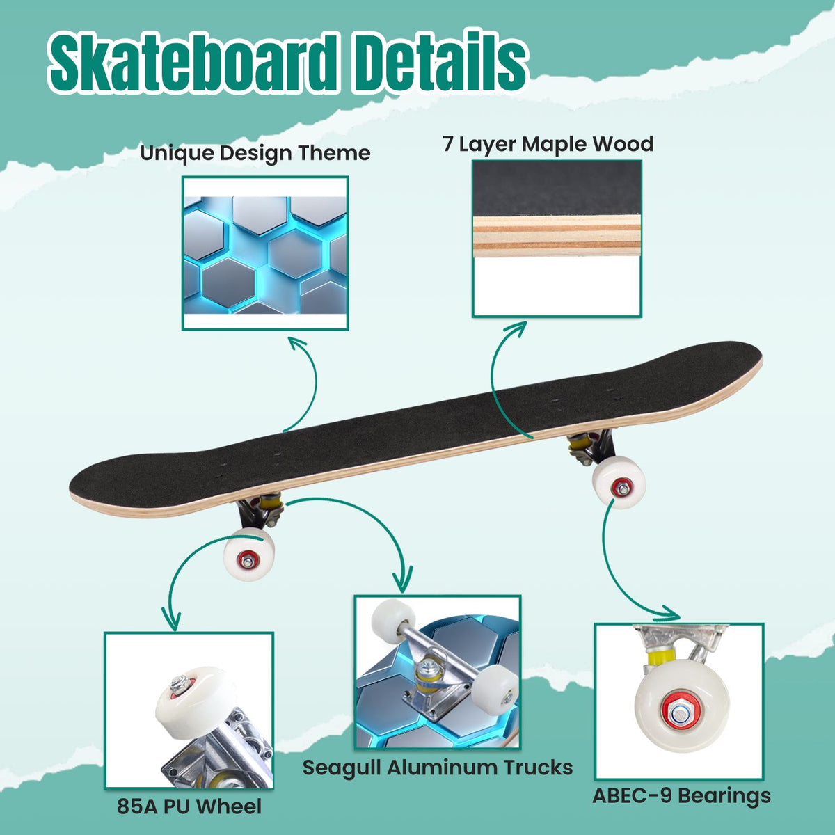 Futuristic Hexagonal Metallic Blue Glowing Orange Highlights 31" x 8" Complete Skateboard, 7-Ply Canadian Maple Double Kick Trick Board for Kids and Beginners Adult Gifts
