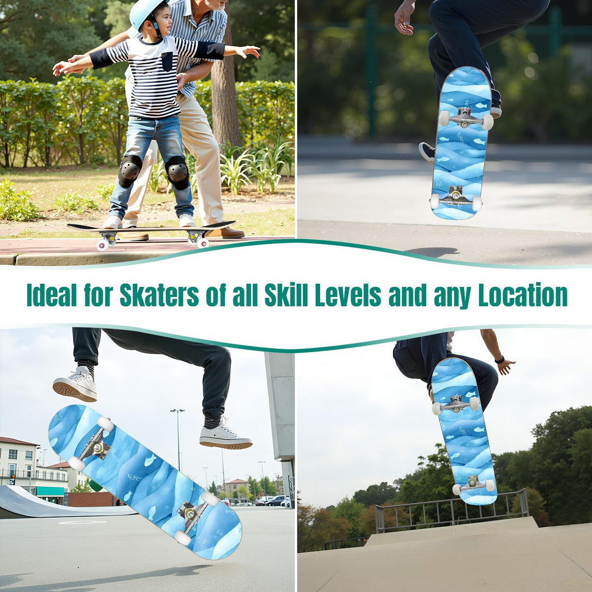 31"x8" Complete Skateboards for Beginners, Abstract Wavy Purple Beige Zebra Design Double Kick 7 Ply Canadian Maple Deck Skateboard with Wheels, Gifts for Kids Teens