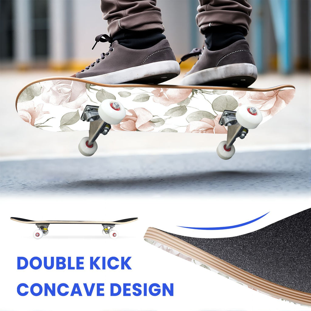 31"x8" Complete Skateboards for Beginners, Elegant Peony Floral Soft Pink White Tones Neutral Double Kick 7 Ply Canadian Maple Deck Skateboard with Wheels, Gifts for Kids Teens