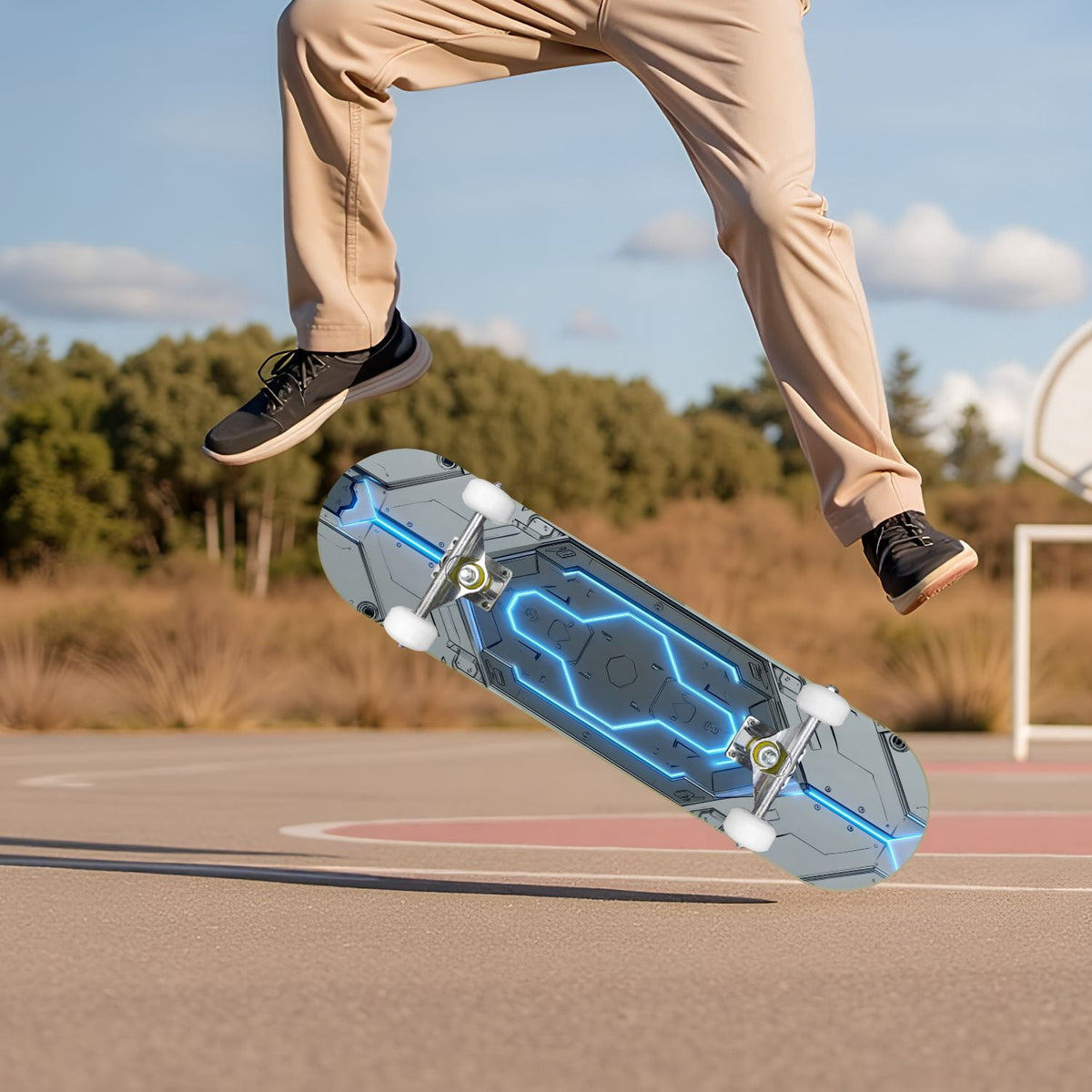 Futuristic Blue Abstract Technology Glowing Core 31" x 8" Complete Skateboard, 7-Ply Canadian Maple Double Kick Trick Board for Kids and Beginners Adult Gifts