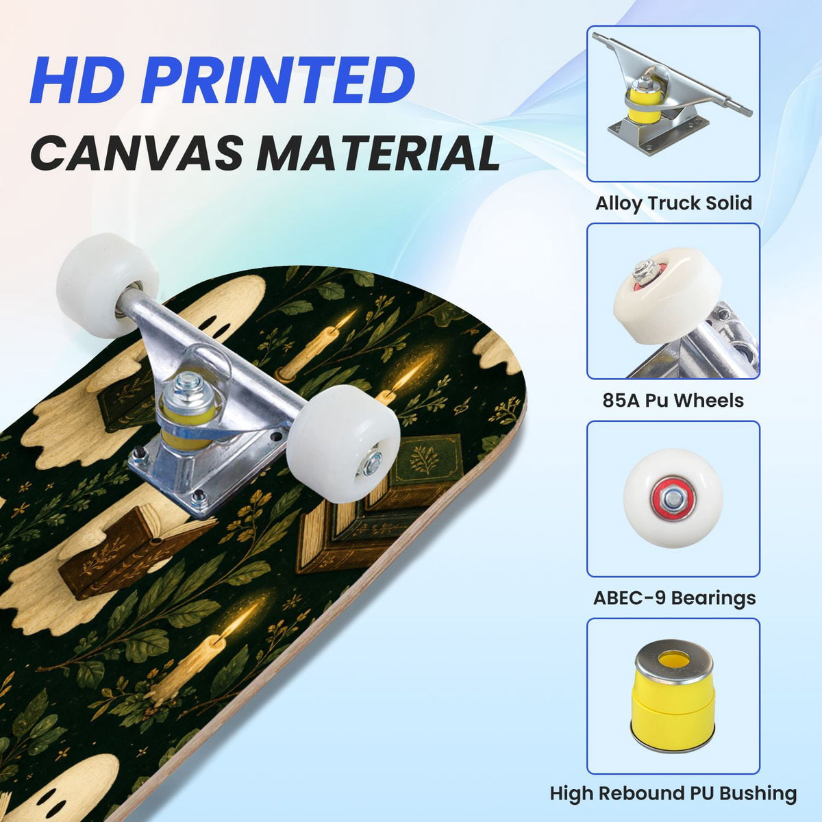 31"x8" Complete Skateboards for Beginners,Vintage Botanical Skull Flowers Elements Dark Double Kick 7 Ply Canadian Maple Deck Skateboard with Wheels, Gifts for Kids Teens