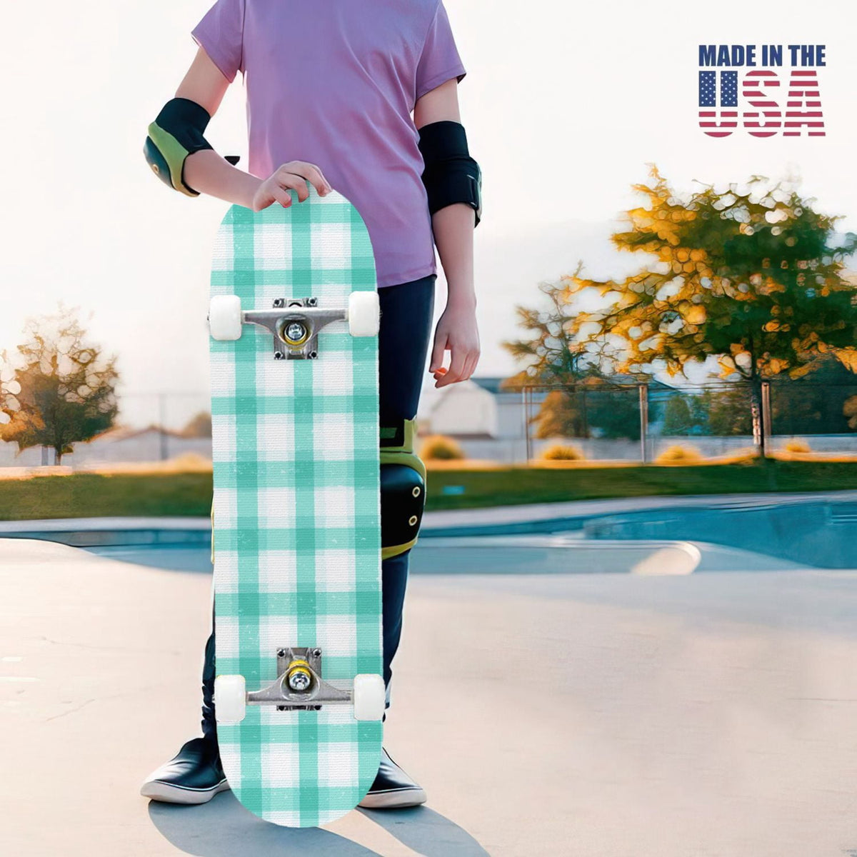 31"x8" Complete Skateboards for Beginners,Mint Green White Plaid Tartan Subtle Double Kick 7 Ply Canadian Maple Deck Skateboard with Wheels, Gifts for Kids Teens