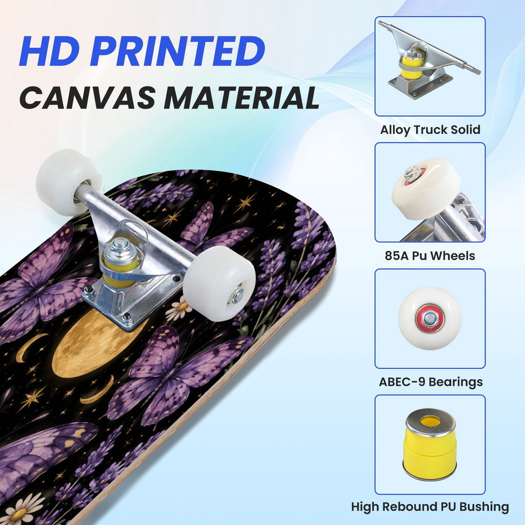 31"x8" Complete Skateboards for Beginners, Blue Moth Moonlight Flowers Mushrooms Forest Double Kick 7 Ply Canadian Maple Deck Skateboard with Wheels, Gifts for Kids Teens