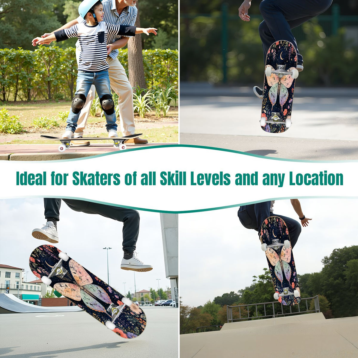 31"x8" Complete Skateboards for Beginners, Colorful Butterfly Blooming Flowers Under Full Moon Starry Double Kick 7 Ply Canadian Maple Deck Skateboard with Wheels, Gifts for Kids Teens