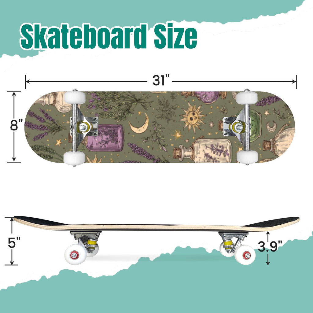 Vintage Botanical Lavender Candles Potion Bottles Green 31" x 8" Complete Skateboard, 7-Ply Canadian Maple Double Kick Trick Board for Kids and Beginners Adult Gifts