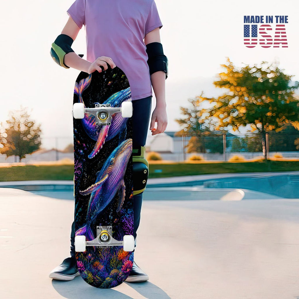 31"x8" Complete Skateboards for Beginners, Colorful Underwater Two Seahorses Coral Reefs Double Kick 7 Ply Canadian Maple Deck Skateboard with Wheels, Gifts for Kids Teens