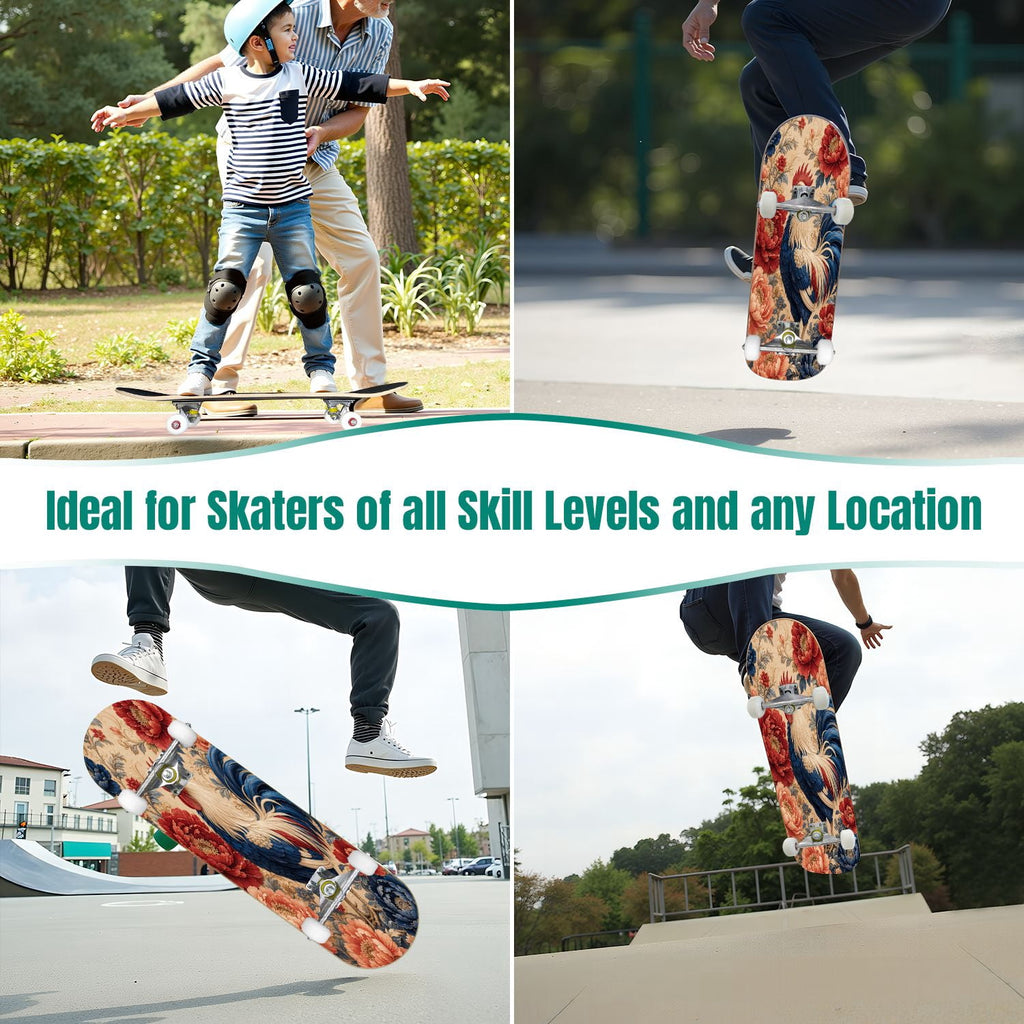 Rose Teal Rose Painting Turquoise Blue Flower Kitchen Decor 31" x 8" Complete Skateboard, 7-Ply Canadian Maple Double Kick Trick Board for Kids and Beginners Adult Gifts