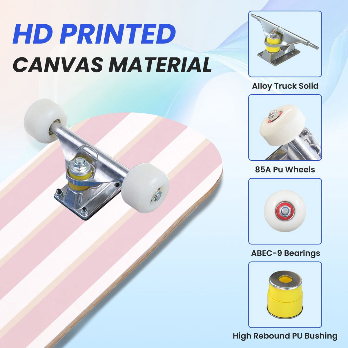 31"x8" Complete Skateboards for Beginners,Pastel Pink Vertical Stripe Minimalist Soft Design Double Kick 7 Ply Canadian Maple Deck Skateboard with Wheels, Gifts for Kids Teens