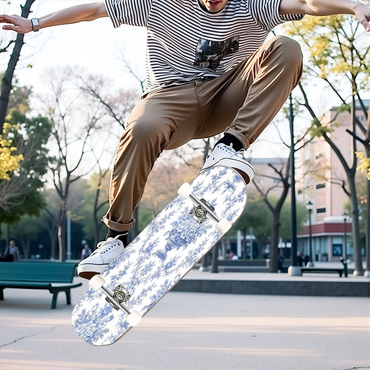 31"x8" Complete Skateboards for Beginners,Blue Botanical Leaf White Double Kick 7 Ply Canadian Maple Deck Skateboard with Wheels, Gifts for Kids Teens