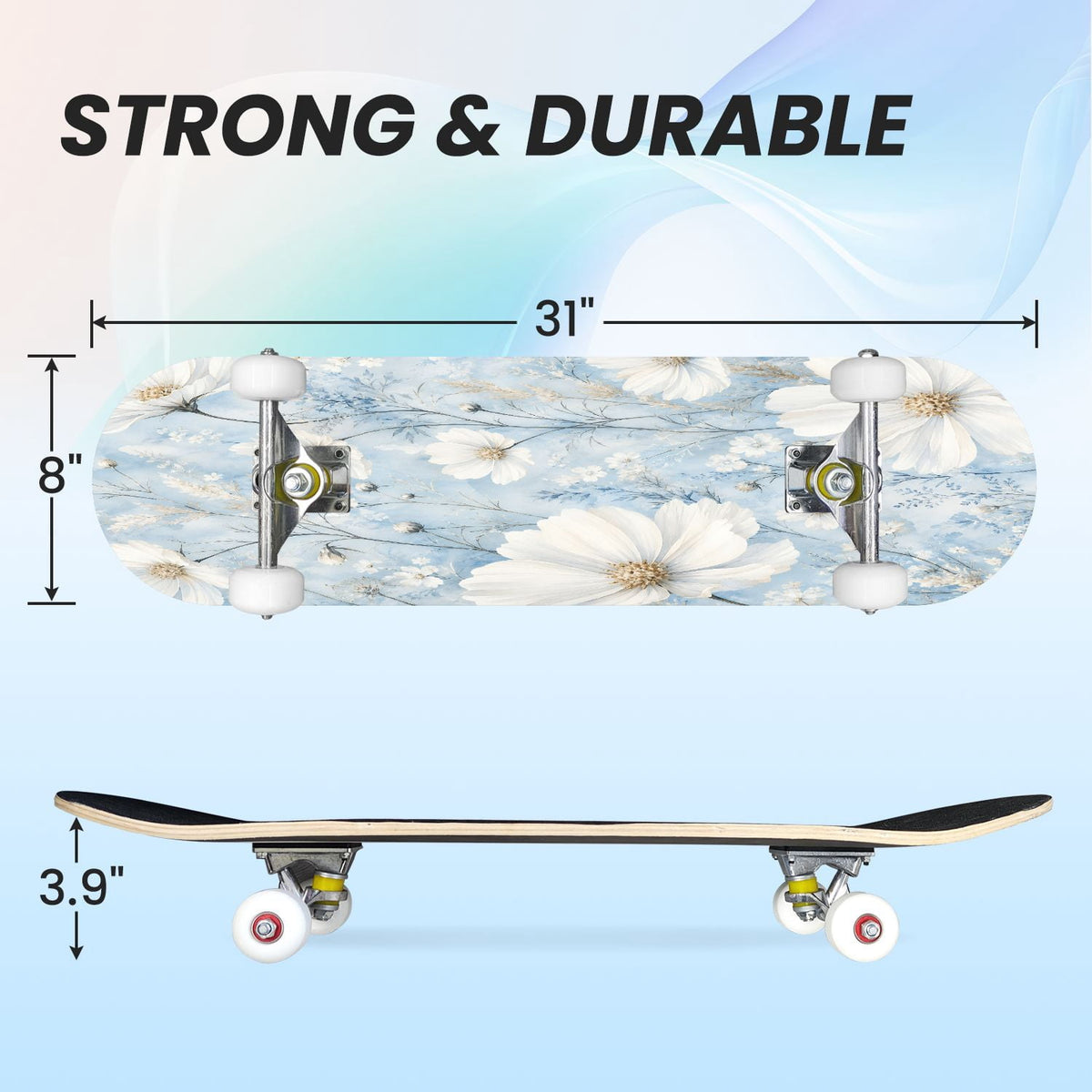 31"x8" Complete Skateboards for Beginners,Elegant White Blue Flowers Soft Petals Dreamy Artistic Double Kick 7 Ply Canadian Maple Deck Skateboard with Wheels, Gifts for Kids Teens