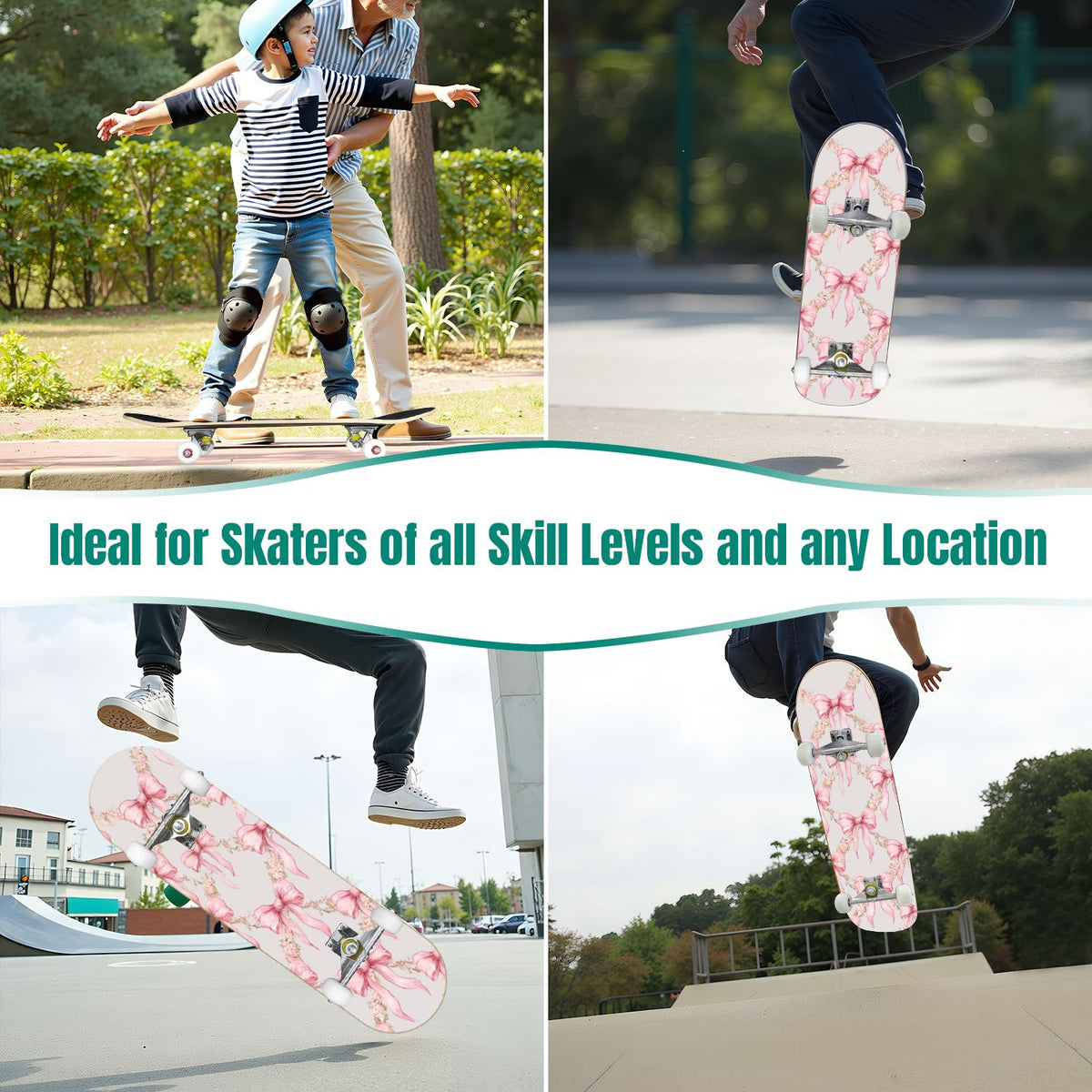 31"x8" Complete Skateboards for Beginners, Soft Blue Cream Striped Design Double Kick 7 Ply Canadian Maple Deck Skateboard with Wheels, Gifts for Kids Teens
