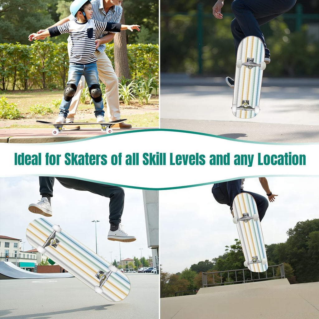 31"x8" Complete Skateboards for Beginners,Pastel Pink Vertical Stripe Minimalist Soft Design Double Kick 7 Ply Canadian Maple Deck Skateboard with Wheels, Gifts for Kids Teens