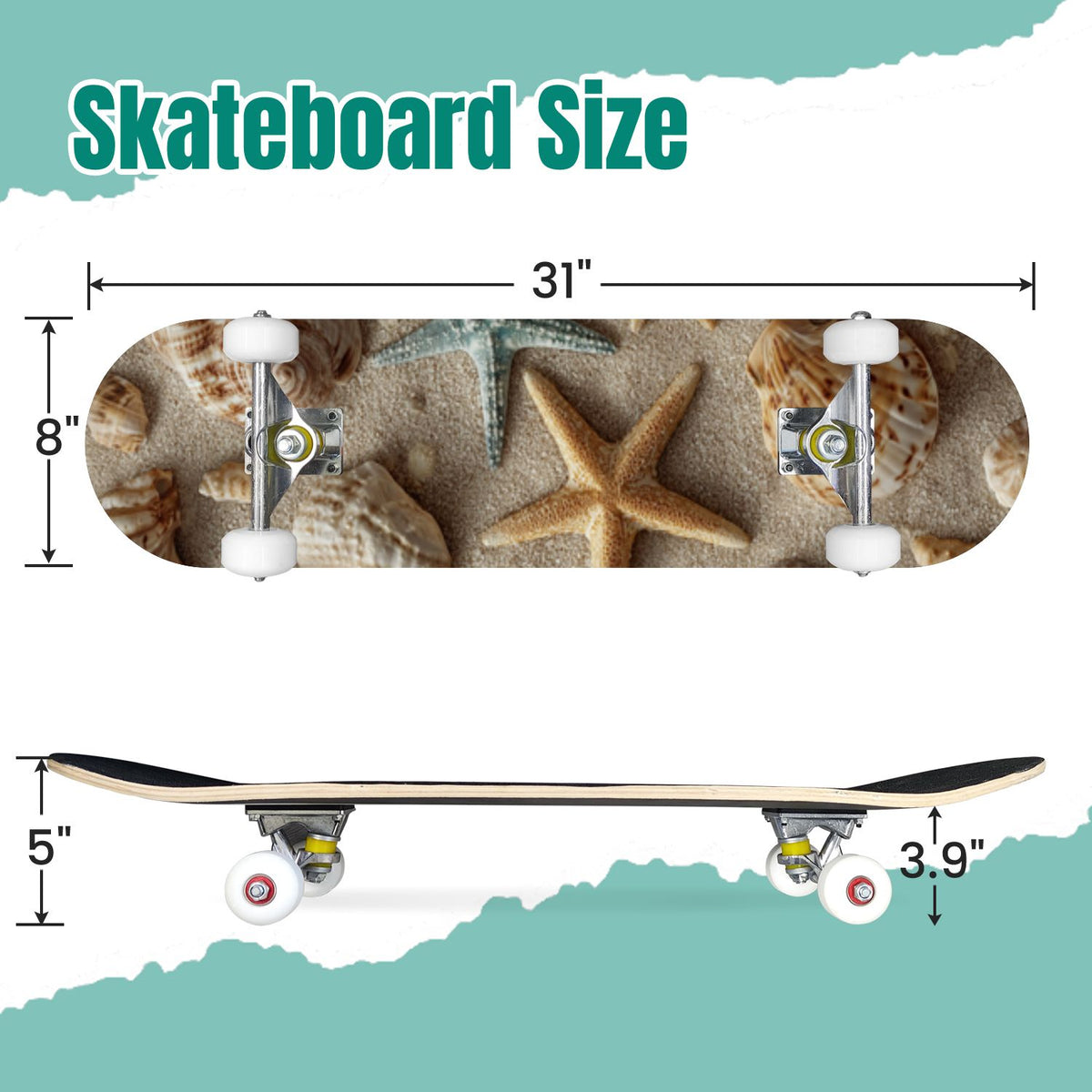 Moss Purple Flowers Rocky Ground 31" x 8" Complete Skateboard, 7-Ply Canadian Maple Double Kick Trick Board for Kids and Beginners Adult Gifts