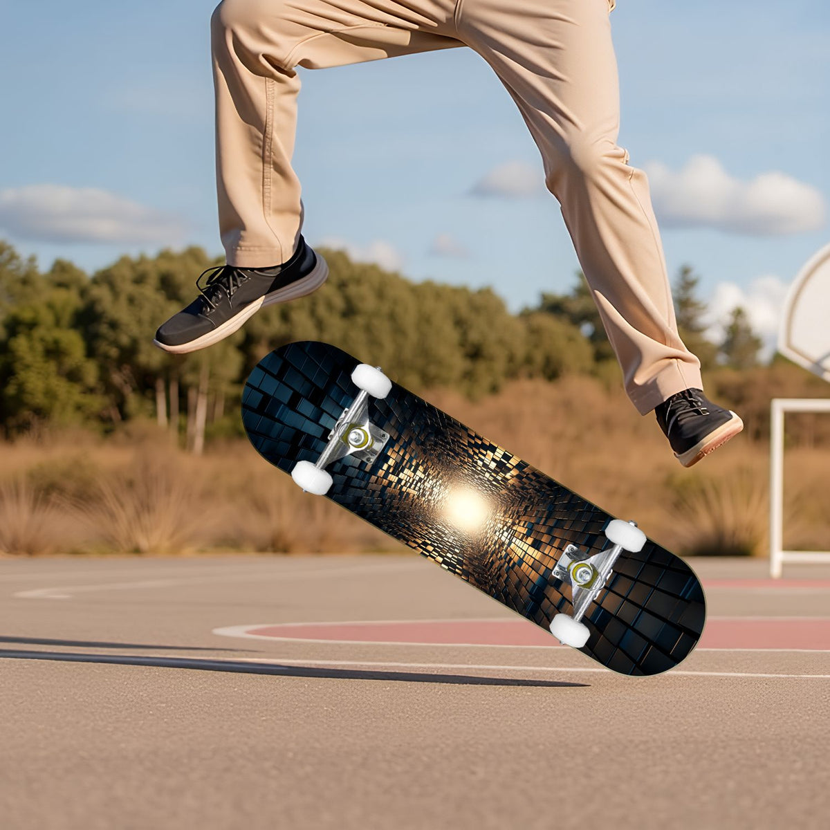 Glowing Futuristic Cubic Tunnel Metallic Tiles Bright Light 31" x 8" Complete Skateboard, 7-Ply Canadian Maple Double Kick Trick Board for Kids and Beginners Adult Gifts